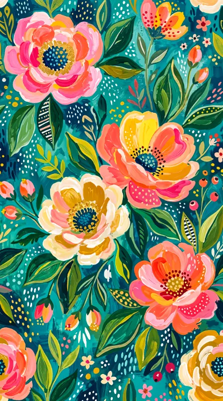 Vibrant Hand-Painted Floral Pattern with Visible Brushstrokes