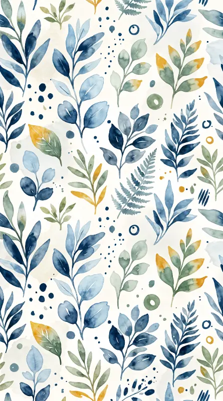 Muted Blue Green Watercolor Botanical Leaves and Ferns