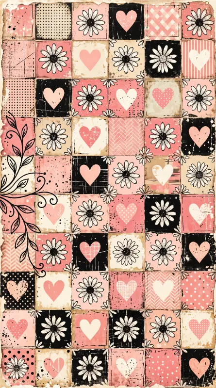 Vintage Distressed Patchwork Hearts and Daisies Pattern