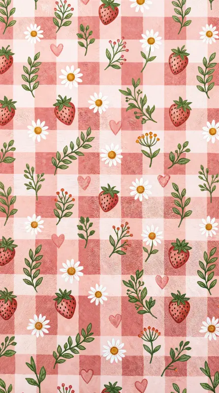 Rustic Hand-drawn Strawberry Daisy Heart Gingham Pattern
