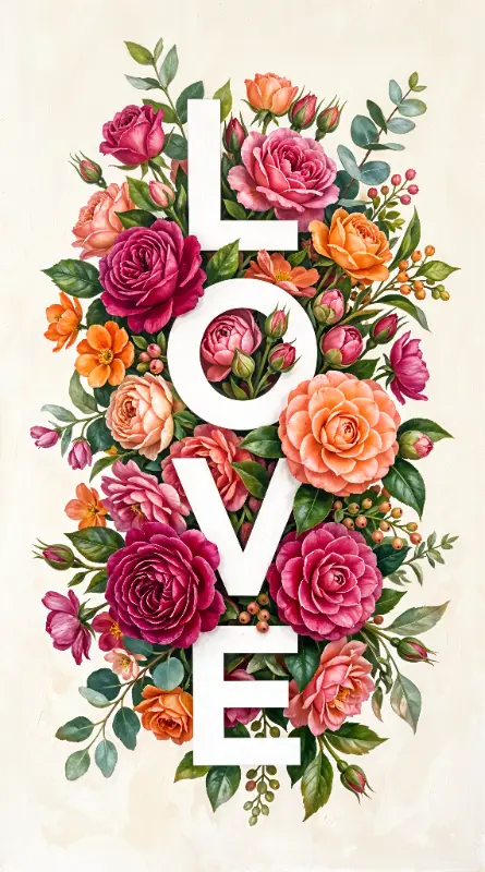 Vibrant Watercolor Floral LOVE Lettering with Roses and Camellias