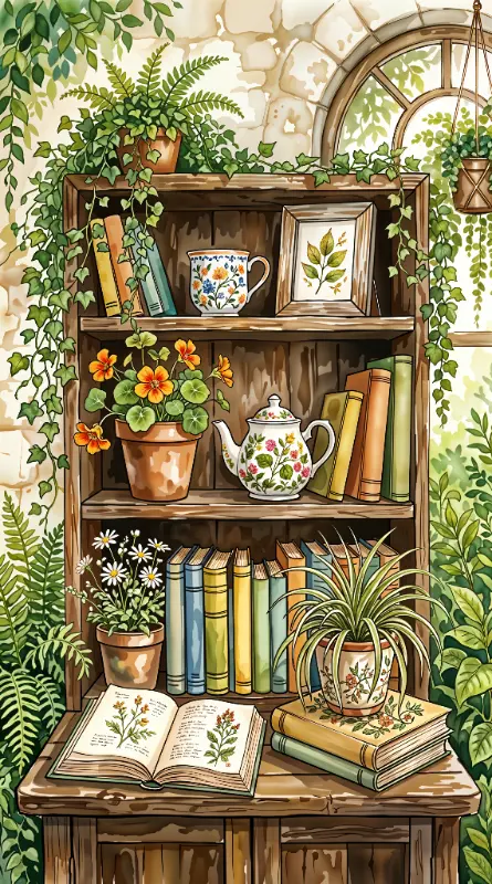 Cottagecore Illustration Plant-Filled Bookshelf with Teaware