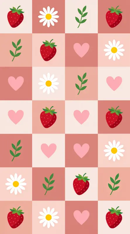 Sweet Illustrative Strawberry Daisy Heart Leaf Grid Pattern