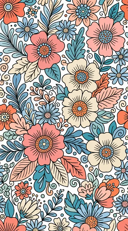 Dense Vintage Line Art Floral Pattern with Soft Pastel Colors