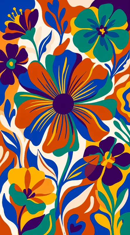 Retro Flat Design Floral Pattern with Vibrant Color Blocks