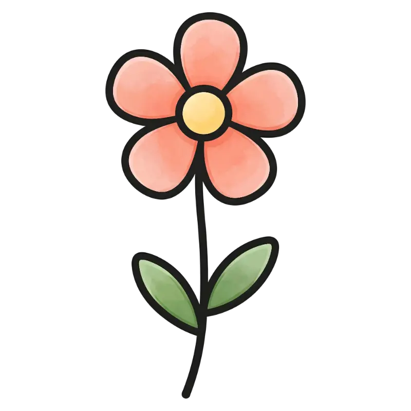 Cute Hand-Drawn Flower with Thick Outlines and Watercolor Texture