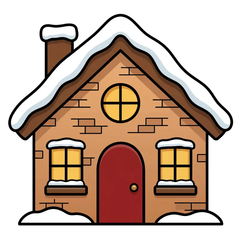 Cartoon Snow-Covered Brick House with Arched Door and Chimney