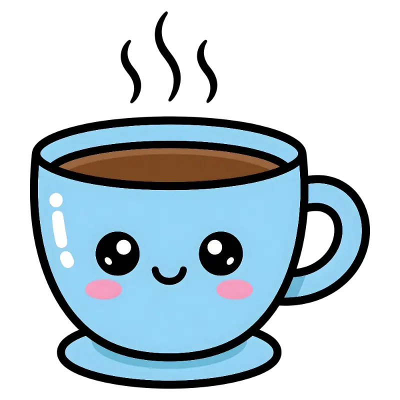 Kawaii Smiling Coffee Cup Character with Pink Blush Cheeks and Rising Steam