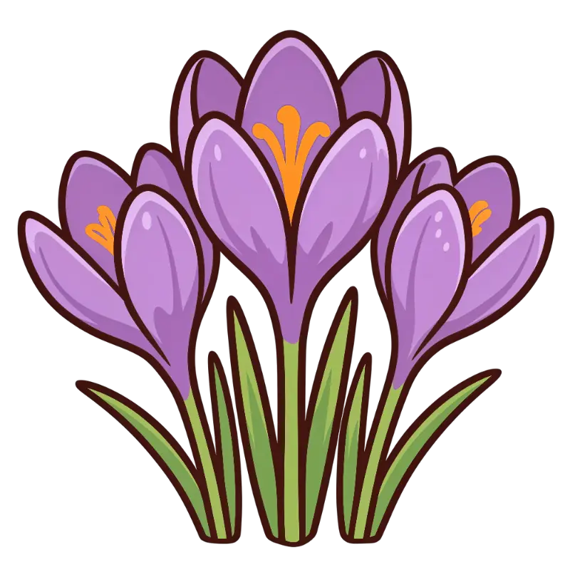 Outline Art Purple Crocus Flowers with Green Leaves and Orange Stamens