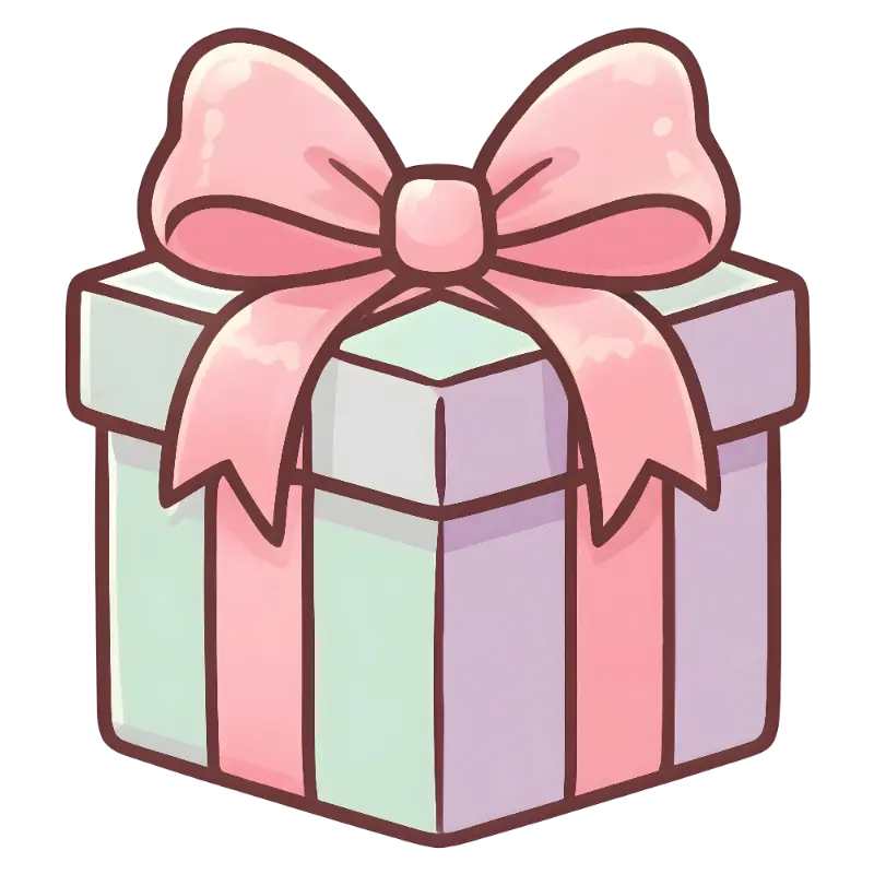Playful Cartoon Gift Box with Large Pink Bow and Pastel Colors