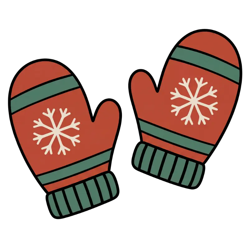 Hand-drawn Red Green Striped Mittens with Snowflakes