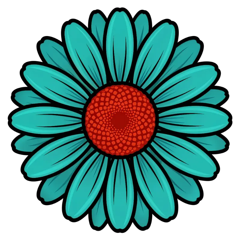 Graphic Style Teal Flower with Bold Red Central Floret Pattern