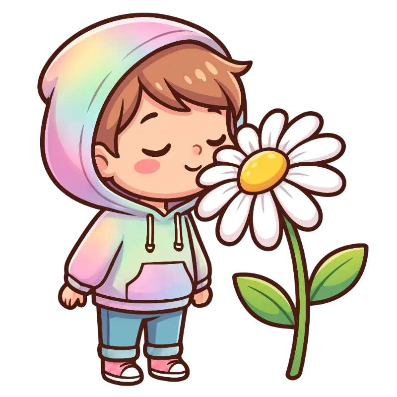 Cute Happy Boy with Closed Eyes Smelling Daisy Flower Character