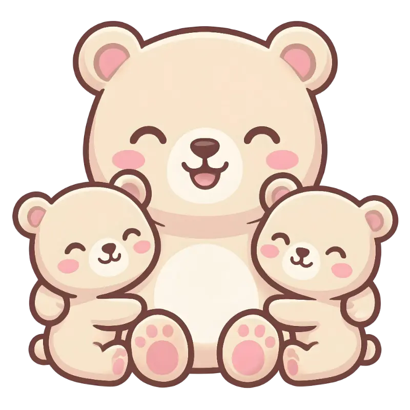 Sweet Cartoon Bear Family Illustration with Rounded Shapes and Thick Outlines