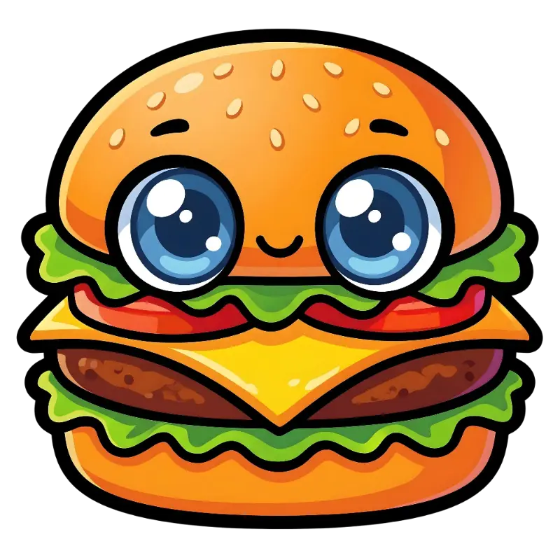 Kawaii Smiling Burger Character with Glossy Blue Eyes