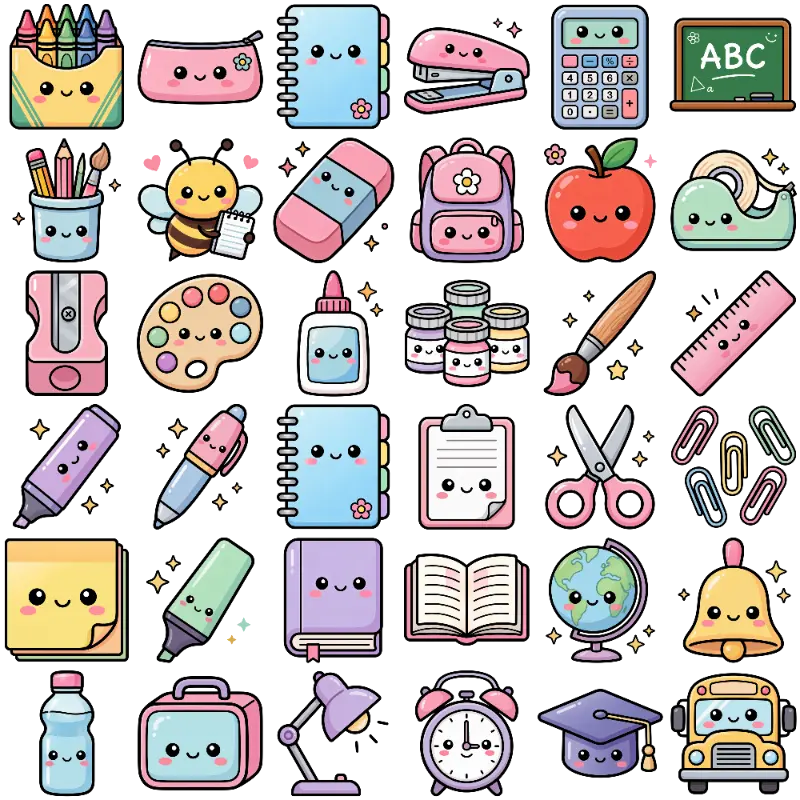 Kawaii Faced Pastel School Supplies and Stationery Set