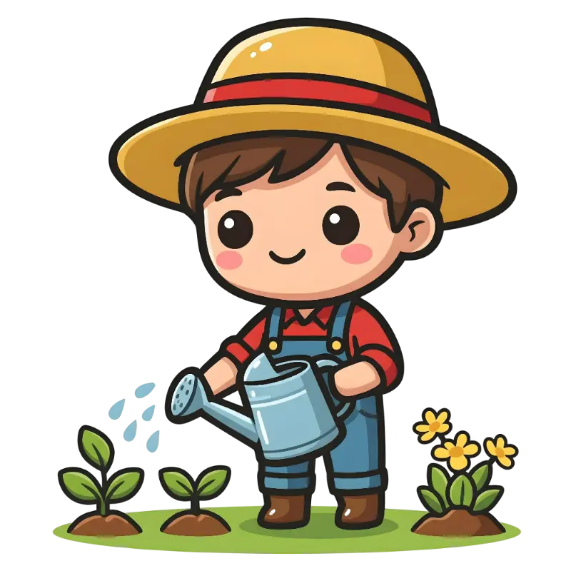 Cute Chibi Farmer Boy Watering Plants Kawaii Kiss Cut Sticker