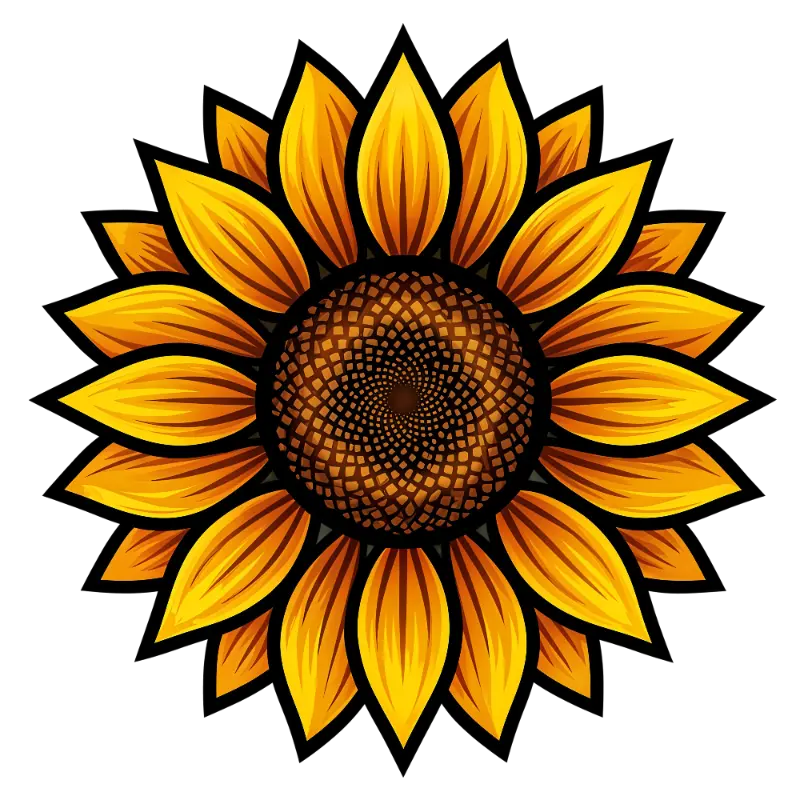 Vibrant Graphic Sunflower with Radial Symmetry and Bold Outlines