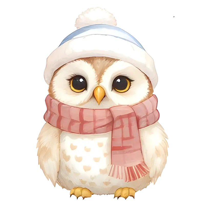 Watercolor Chibi Cute Owl in Winter Attire Illustration