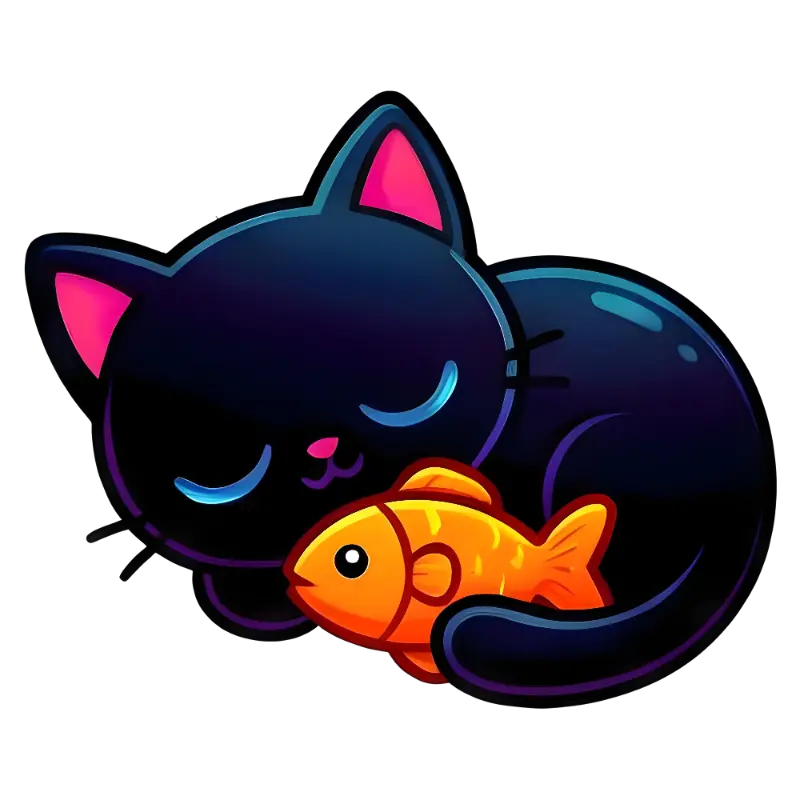 Peaceful Chibi Black Cat Napping with Orange Goldfish
