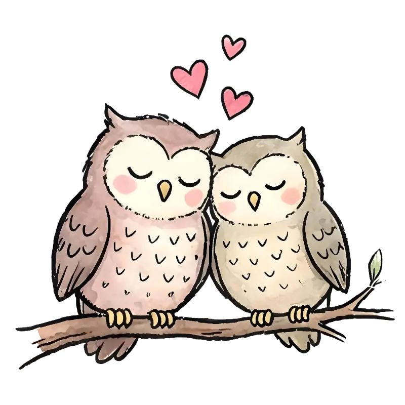 Cute Watercolor Owl Couple with Hearts