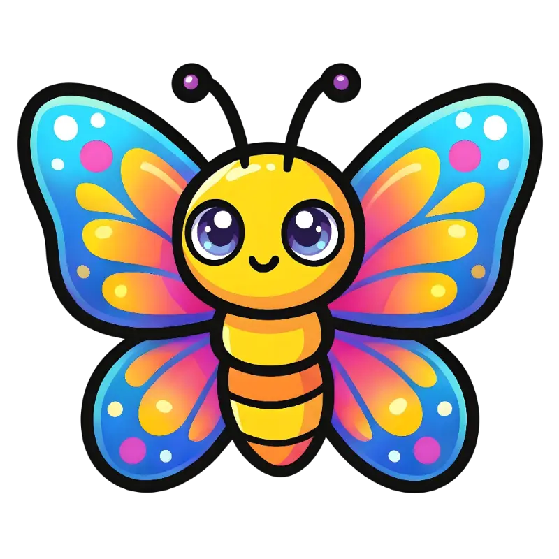 Cheerful Kawaii Butterfly Illustration with Polka Dot Gradient Wings