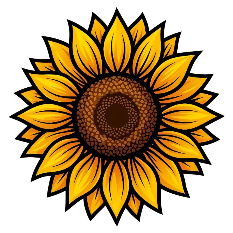 Stylized Sunflower Illustration with Dark Outlines and Gradient Petals