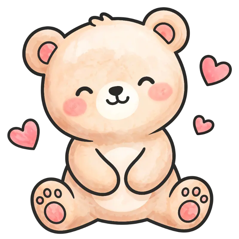 Cute Watercolor Smiling Bear with Pink Cheeks and Floating Hearts
