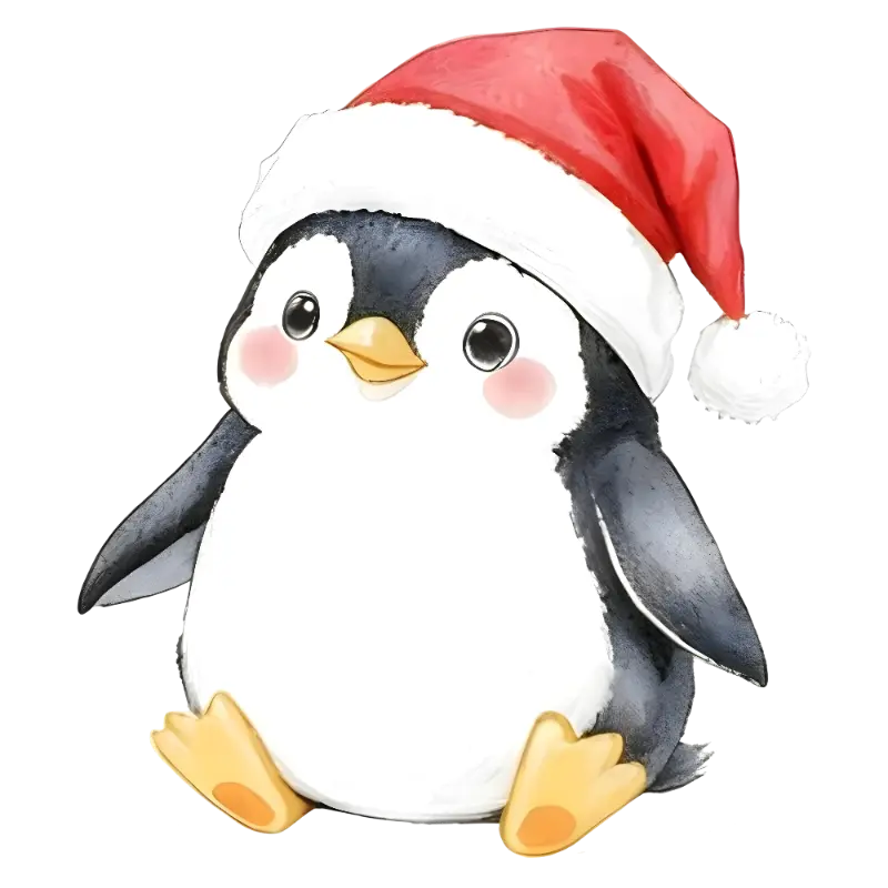 Watercolor Chibi Penguin Santa Hat Christmas Illustration
