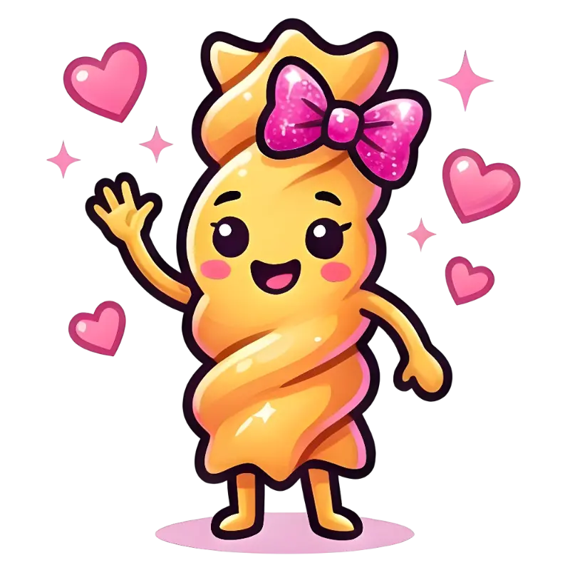 Kawaii Happy Fusilli Pasta Sticker with Glitter Pink Bow and Hearts