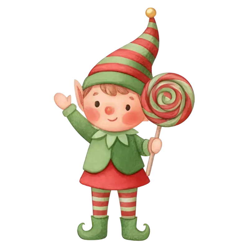 Cute Watercolor Christmas Elf with Lollipop Illustration