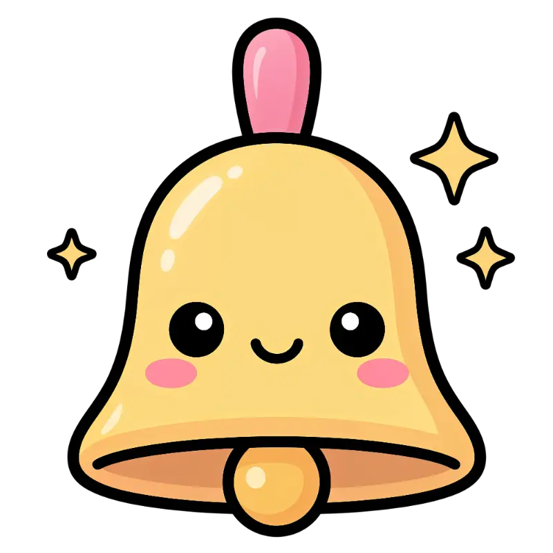 Kawaii Smiling Bell Character with Blush Cheeks and Sparkles