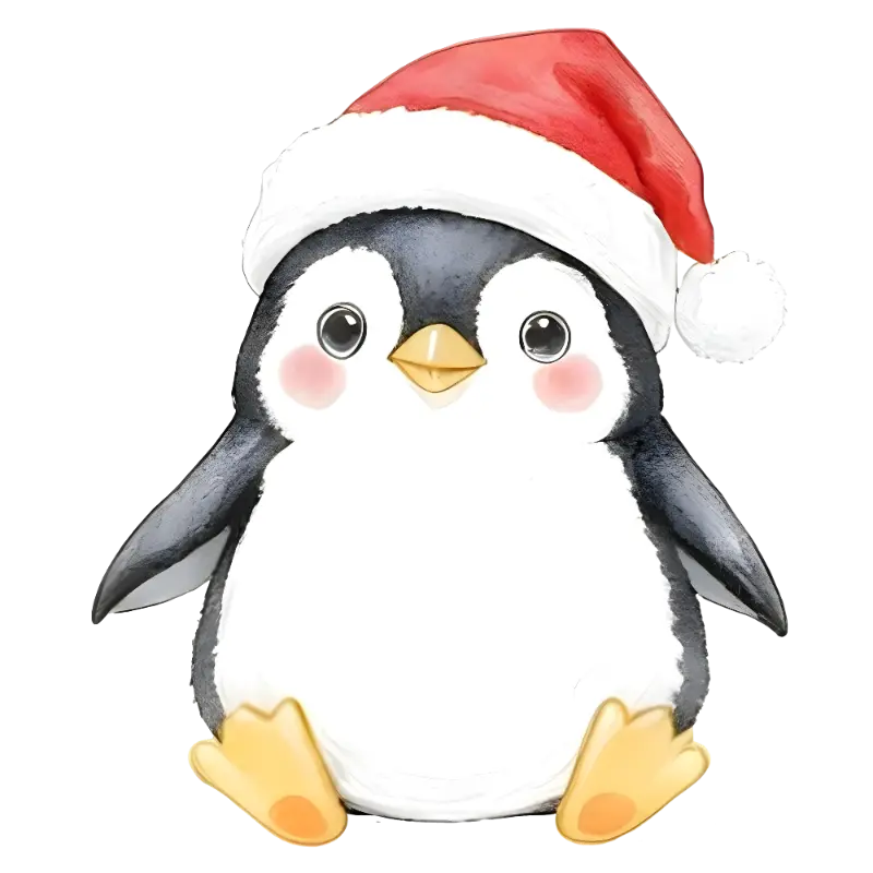 Watercolor Kawaii Penguin with Santa Hat for Festive Holiday Designs