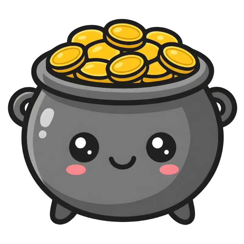 Cheerful Kawaii Pot of Gold Character with Pink Blush Marks