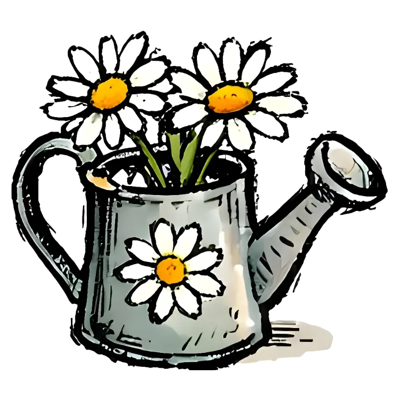Hand-drawn Sketchy Watering Can with Cheerful Daisies Illustration