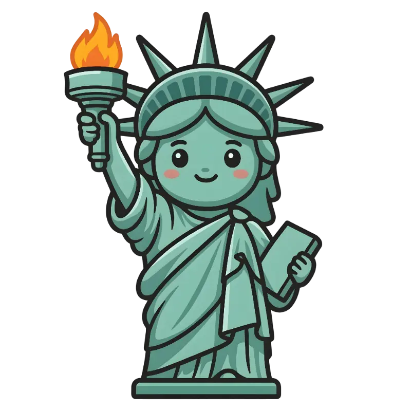 Cute Chibi Statue of Liberty Character Holding Torch and Tablet