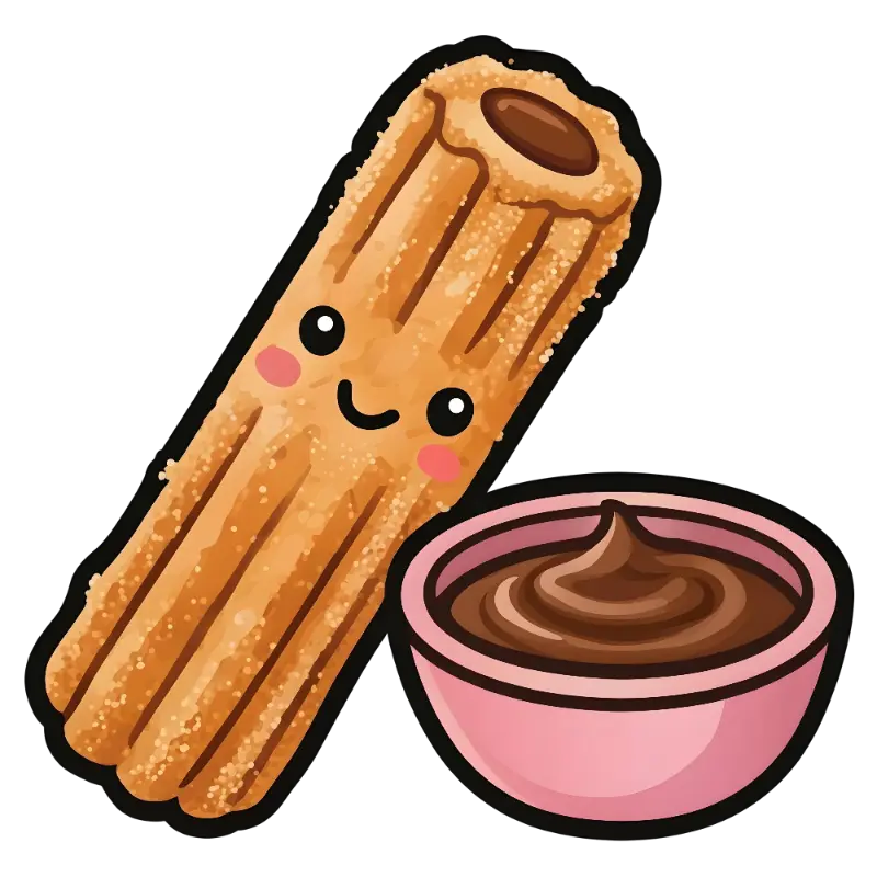 Kawaii Happy Churro Character with Chocolate Dipping Sauce