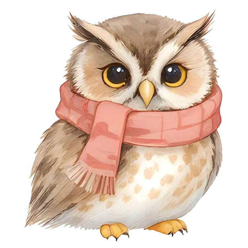 Watercolor Cute Owl Illustration with Pink Scarf for Children