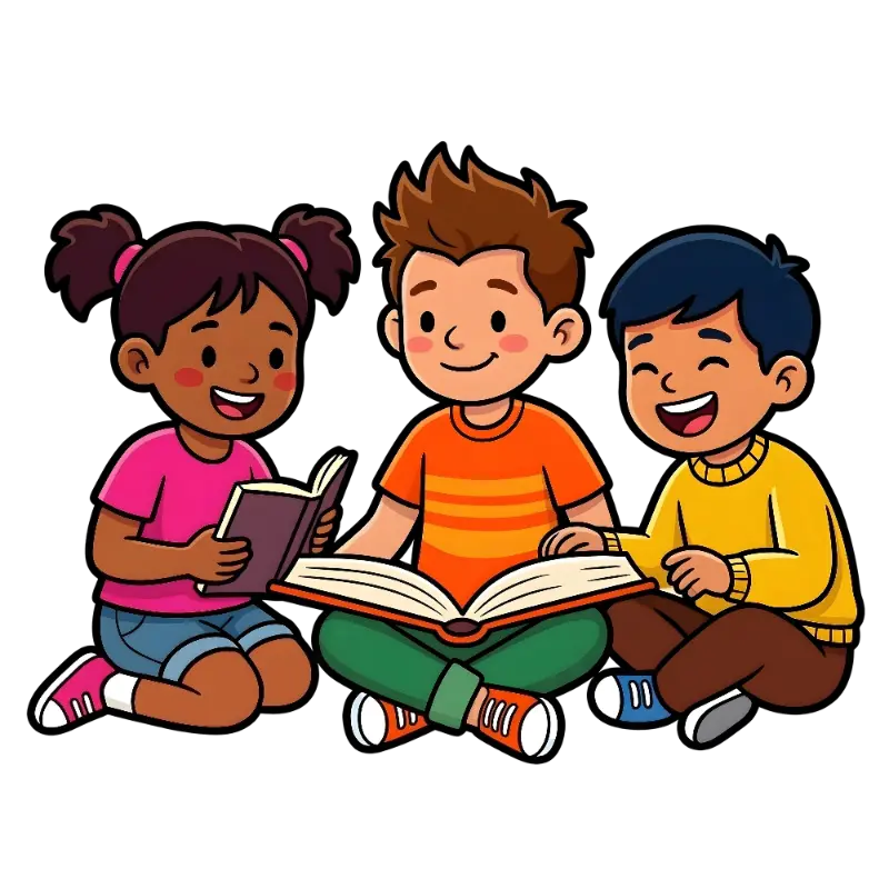 Smiling Children Engrossed in Reading Educational Cartoon