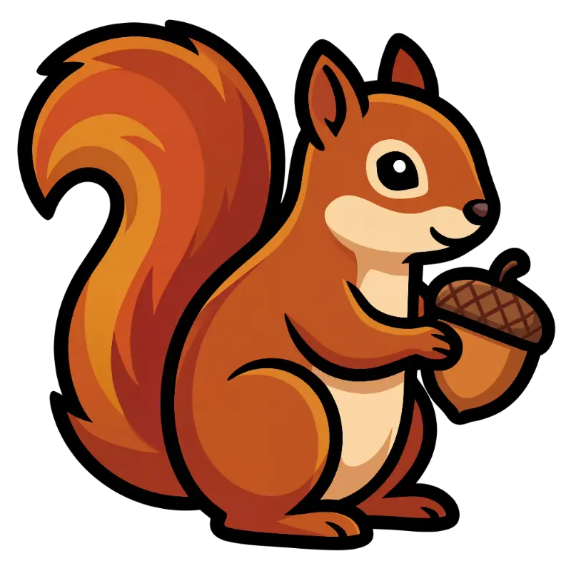 Cute Cartoon Squirrel Character with Large Bushy Tail and Acorn