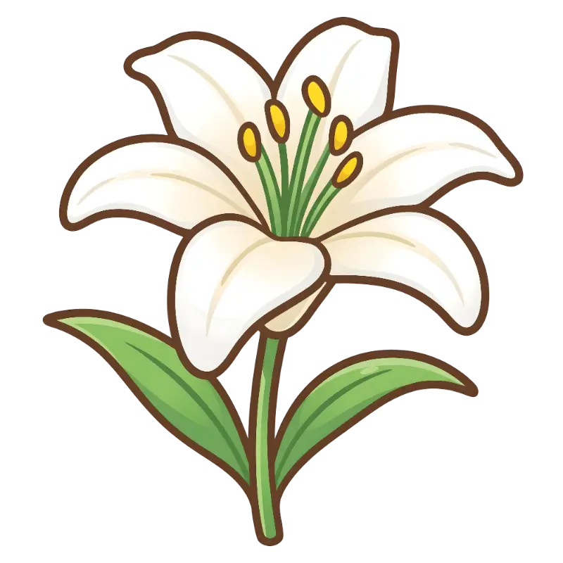 Cartoon Lily Flower Art with Brown Outlines and Green Stem