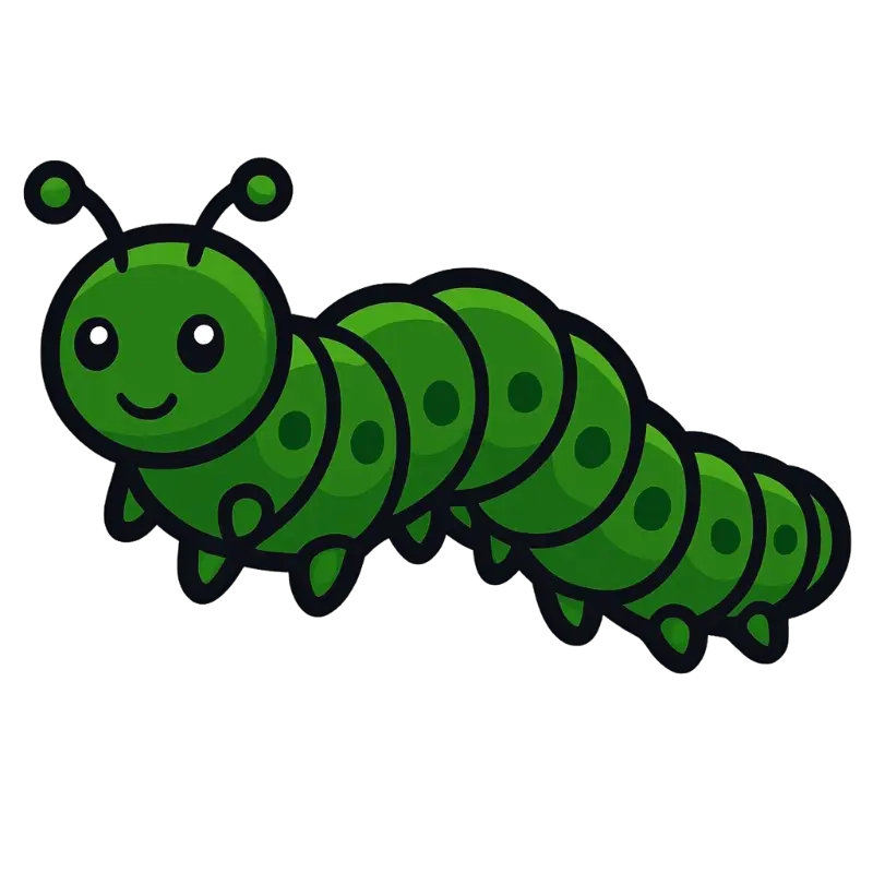 Smiling Cartoon Green Caterpillar with Bright White Eyes