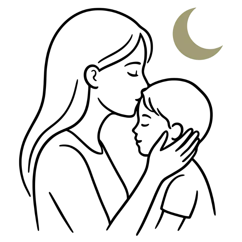 Dotted Outline Mother Child Embrace Pixel Crescent Moon