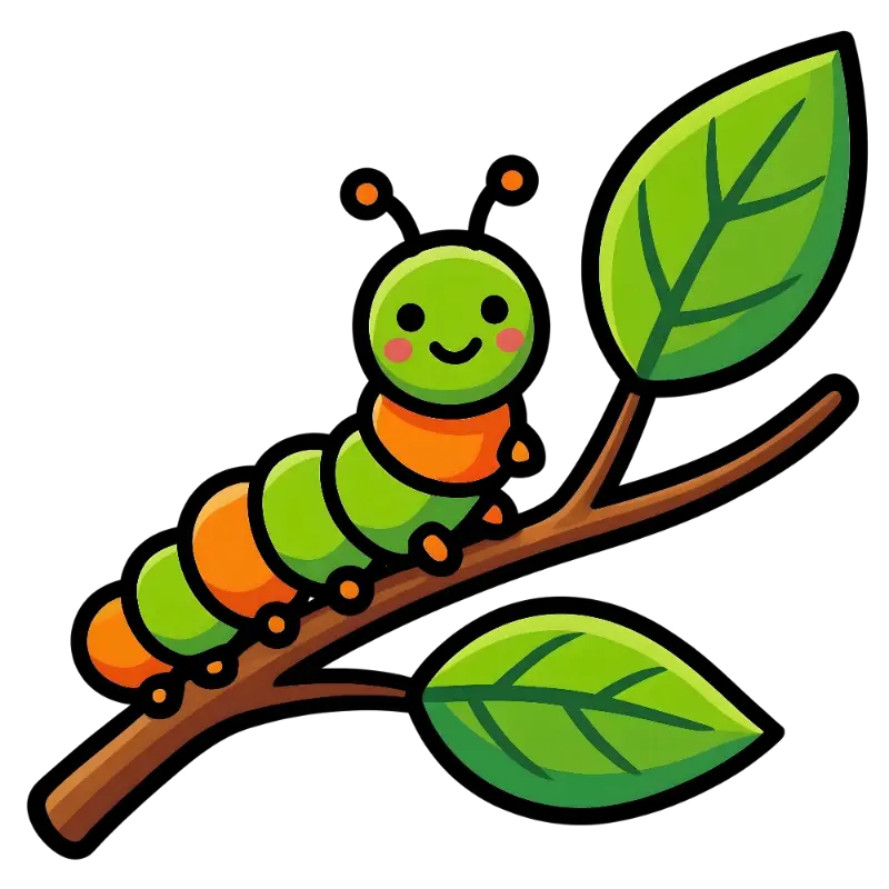 Cute Cartoon Caterpillar with Smiling Face on a Leafy Branch