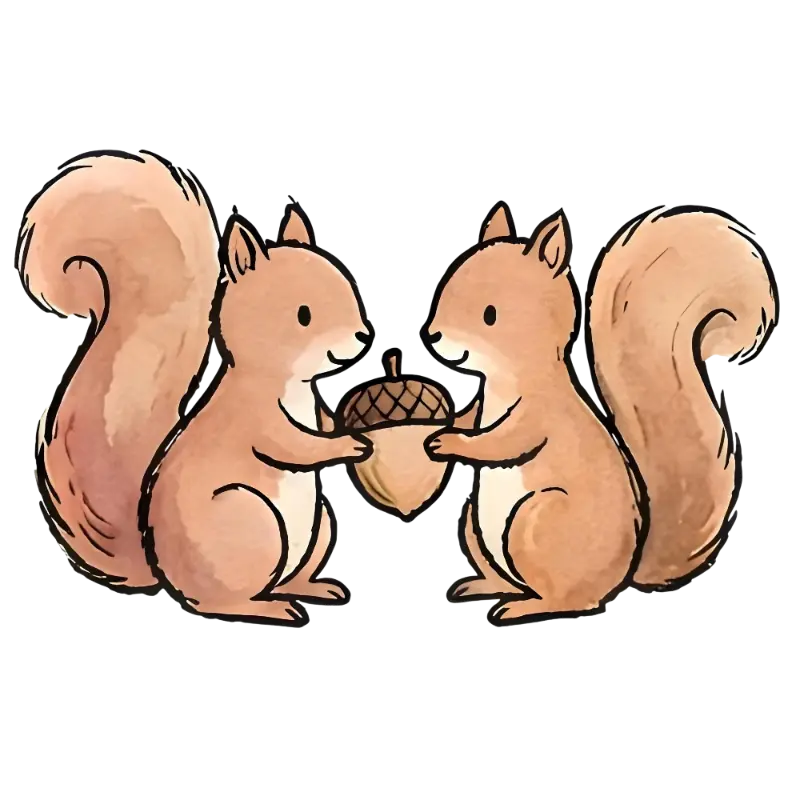 Cute Hand-drawn Squirrels Sharing Acorn Illustration