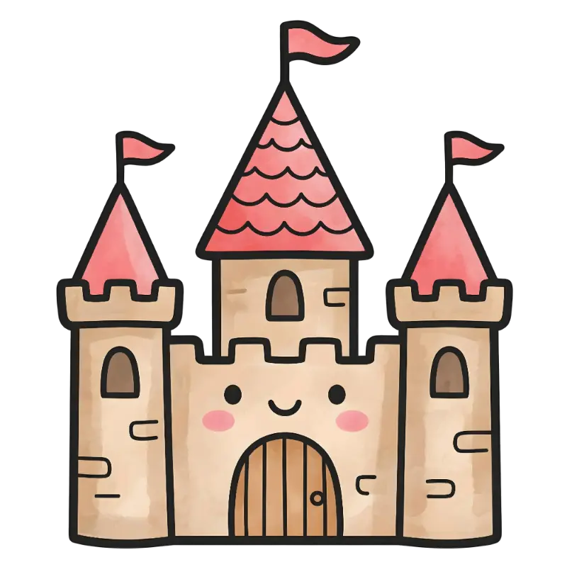 Friendly Watercolor Castle with Smiling Face and Pink Cheeks