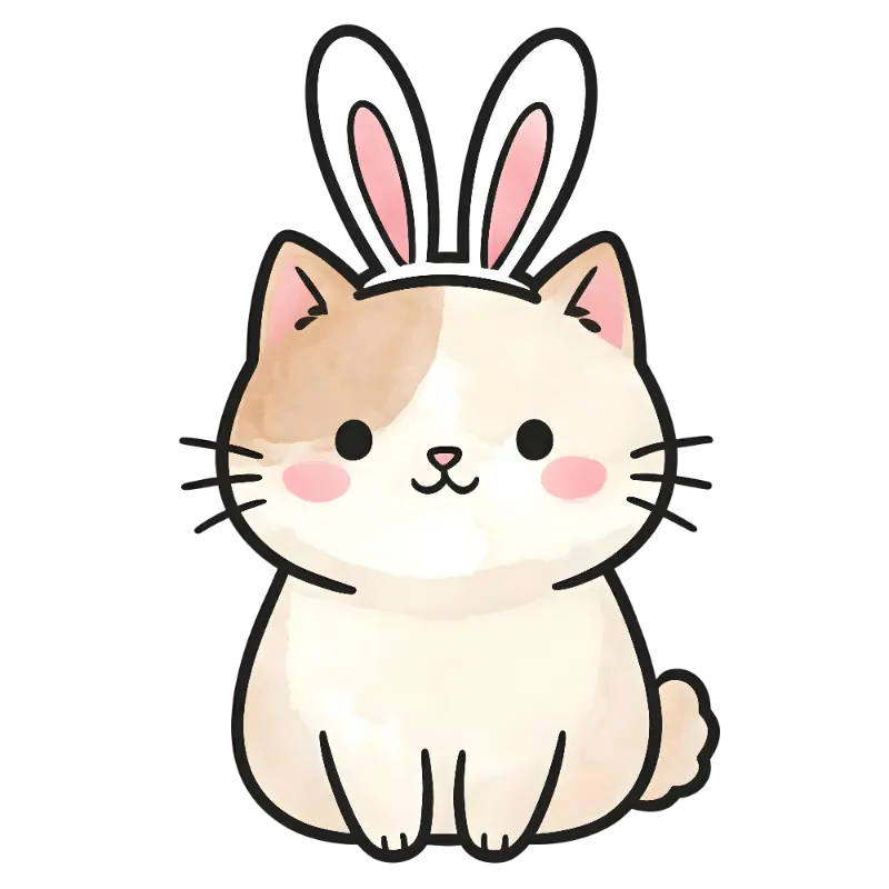 Cute Kawaii Watercolor Cat Character with Bunny Ears Headband