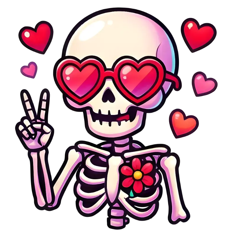 Cute Skeleton Character with Heart Glasses and Peace Sign