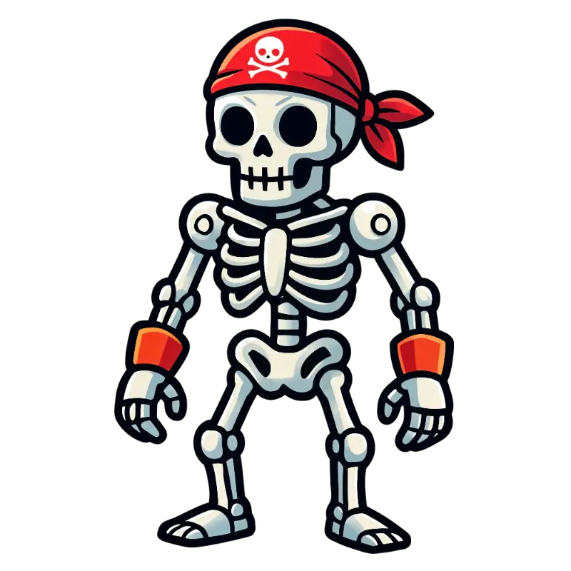 Bold Cartoon Pirate Skeleton with Red Bandana and Skull Emblem