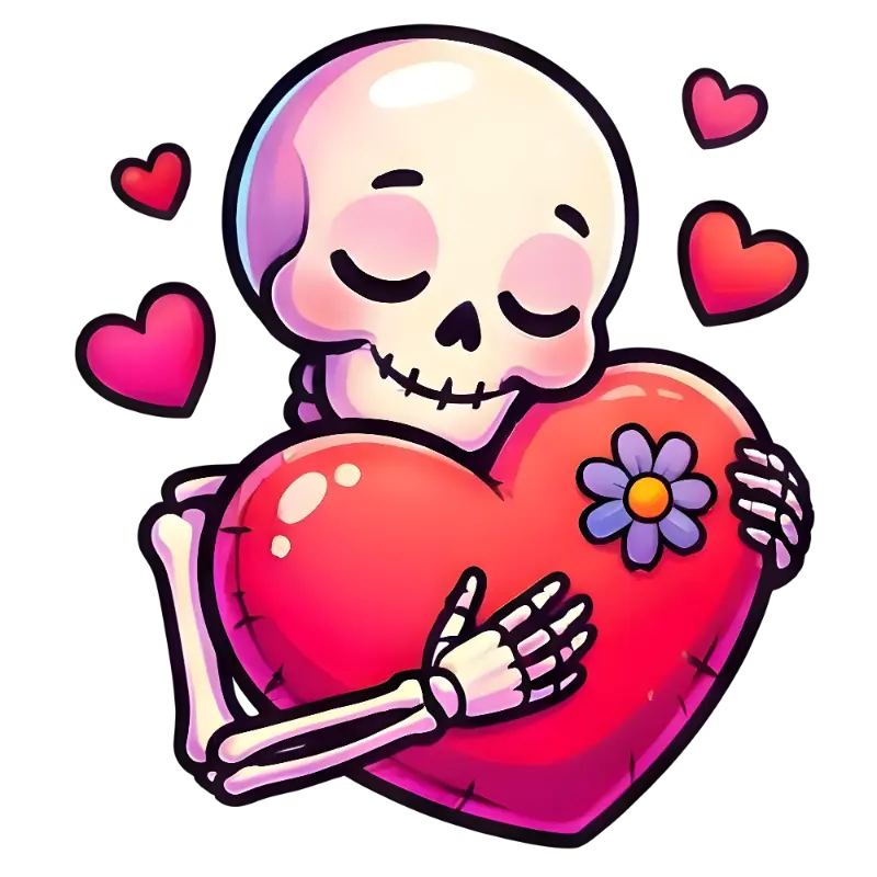 Sweet Cartoon Skeleton with Floating Hearts and Flower Design